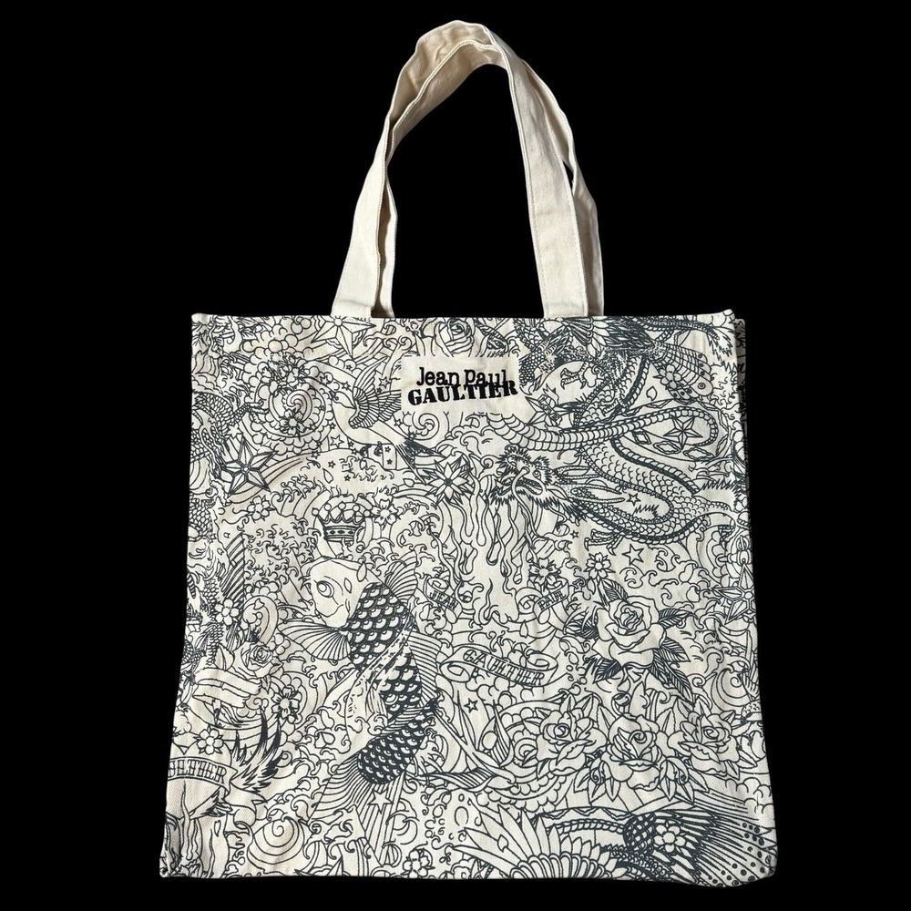 Jean Paul Gaultier Canvas Tote Bag Black Cream Dragon Koi Fish Rose Tattoo Y2K